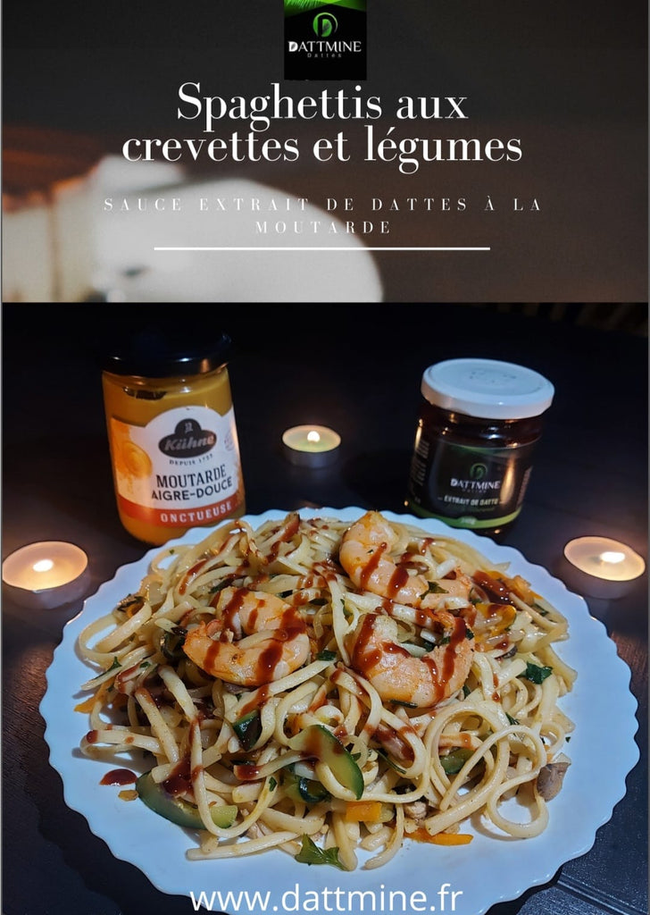 Spaghettis aux crevettes et légumes avec une sauce moutardé a l'extrait de dattes.